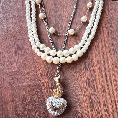 Juicy Couture 3 tier necklace 1. puffy heart crownpave charm 2 & 3 pearls - Image 1 of 4