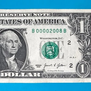 Year 2008 (B 00002008 B) $1 One Dollar Bill Serial Number 2021 Series - Picture 1 of 4