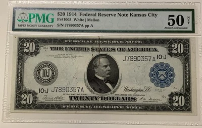 FR. 1003 1914 $20 FRN FEDERAL RESERVE NOTE KANSAS CITY ABOUT UNCIRCULATED PMG 50 - Image 1 of 4