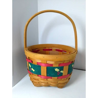 Round Christmas "Holly" Ribbon Basket - Lattice Type- Adorable! Farmhouse Decor - Image 1 of 4