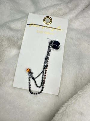 NEW Free People Ear Party Chain Cuff Earring Amber Rhinestone Gunmetal Bohemian - Image 1 of 4