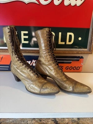 Vintage Antique Woman's Leather High Top Lace Up Victorian Boots Shoes with Heel - Image 1 of 4