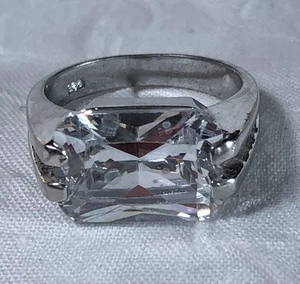 Vintage Sterling Silver w/ Large Emerald-Cut Cubic Zirconium Estate Ring Size 8 - Picture 1 of 10
