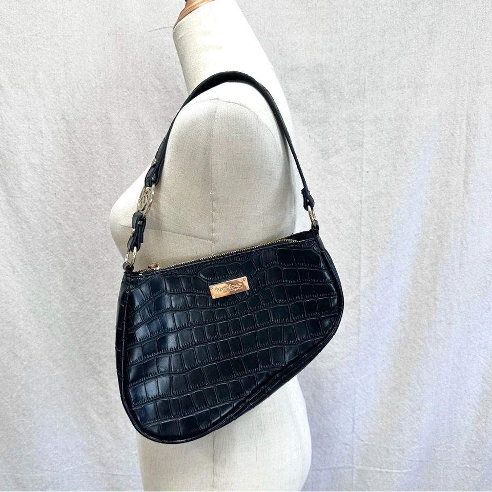Bebe faux leather black croc Tara Mini Shoulder Hobo Saddle Bag - Image 1 of 4