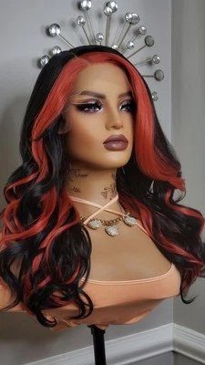 New Curly Black Red 2 Tone Color Block Lace Front Wig Womens Fashion Hair Wigs - Image 1 of 4