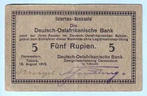 German East Africa P-32. 15/8/1915 5 Rupien.. Letter C. Facsimile signs. gVF - Imagen 1 de 2