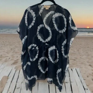 Michael Kors Navy Blue White Tie Dye Cinch Waist Swim Cover up Sheer Size MP/LP - Picture 1 of 9