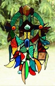 Huge Handmade TRIBAL DREAMCATCHER Authentic Vibrant Stained Glass SUNCATCHER - Picture 1 of 24