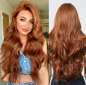 Lange HD Transparent Lace Front Perücke Auburn Rot Rot Blond Echthaar Wellig Locken - Bild 1 von 4