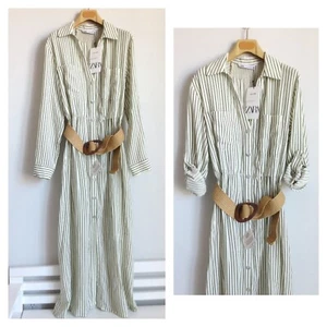 NWT ZARA STRIPED BELTED SHIRT DRESS ECRU/KHAKI 8243/484 - Picture 1 of 9