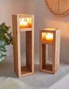Windlichtsäule Holzsäule Bodenwindlicht Wood 2er Set 30 + 40 cm hoch Dekosäule - Bild 1 von 5