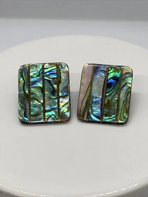 Vintage Abalone shell inlay earrings pierced dangle brass tone - Image 1 of 2