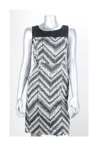Spense Petite Black White Sleeveless Chevron Print Mesh Panel Sheath Dress 4P - Picture 1 of 1