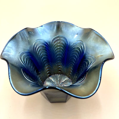 Fenton Cobalt Blue Carnival Glass Peacock Tail Ruffled Hat Octagon Base Bowl - Image 1 of 4