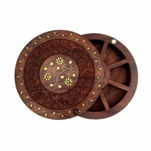 Vintage Floral Burnt Sheesham Holz Runde Gewürzdose / Masala Dabba - Bild 1 von 4