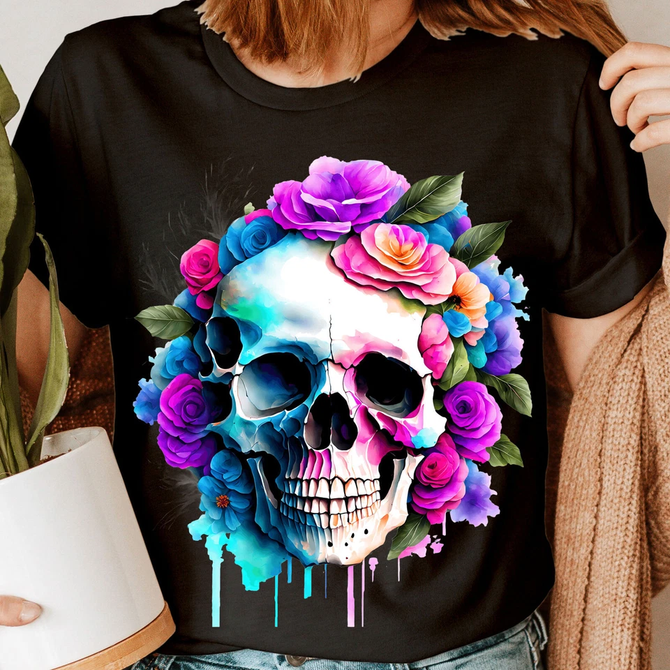 Colorido Flor Calavera Eslogan Rocker Motociclista Esqueleto Mujer Camisetas Camiseta Top #NED Foto 1 de 1