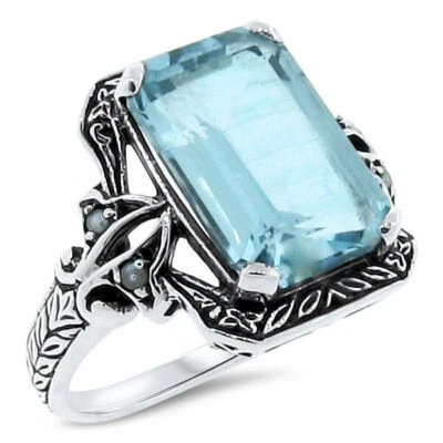 5 CT GENUINE BLUE TOPAZ PEARL ANTIQUE STYLE 925 STERLING SILVER RING        204X - Image 1 of 3