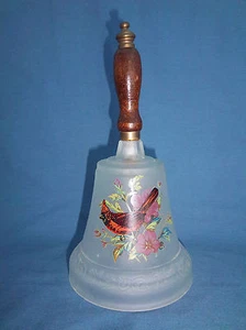 Large Cardinal Frosted Glass BELL Wooden Handle with Flower Blossoms NICE! - Picture 1 of 5