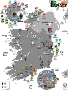 IRELAND Football Clubs Map. Poster. Cartography. (50 x 70 cm). - Foto 1 di 1