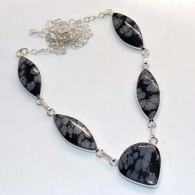 Excepcional Collar de Piedras Preciosas Chapado en Plata 925 Obsidiana Copo de Nieve 18" GW Foto 1 de 3
