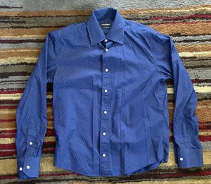 Camicia Indochino uomo blu medio a pois con bottoni manica lunga abito cotone - Foto 1 di 12