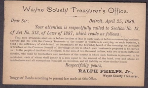 1889 Postkarte Wayne County Treasurer's Office Detroit/re Druggists Bonds - Bild 1 von 2