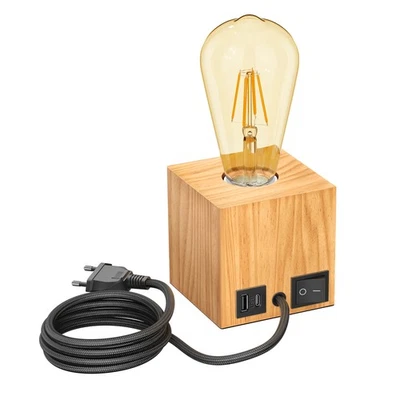 Tischlampe HITO, Holz massiv, eckig, USB, inkl. E27 Lampe Retro, gold, 489lm, - Bild 1 von 4
