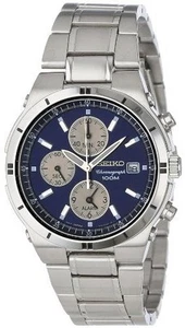 Seiko Alarm Chronograph Steel Blue Mens Watch - SNA695 - Picture 1 of 2