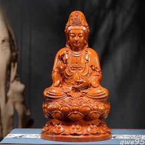 18cm Rosewood Carving Guanyin Buddha Statue Ornament Solid Wood Handicraft - Picture 1 of 4