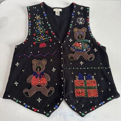 VTG Yarnworks Sweater Vest Womens L Teddy Bear Christmas Beaded Ugly Holiday - Image 1 of 4