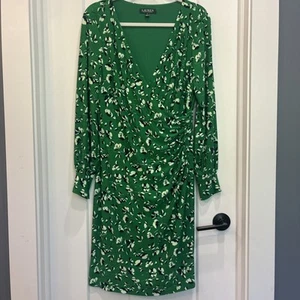 Lauren Ralph Lauren Women's Size 14 Faux Wrap Dress Green Floral Long Sleeve - Picture 1 of 11