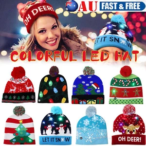 LED Christmas Beanie Knit Hat Light Up Tree Xmas Snowman Knitted Cap Adult Kids - Picture 1 of 20