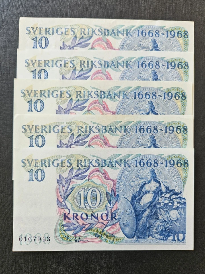 Lot Of 5, Sweden 10 kroner Commemorative 1968 300th anniversary of Riksbank - Image 1 of 1