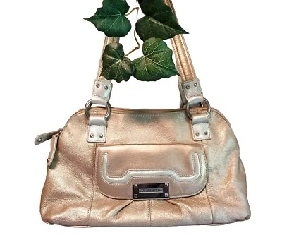 Cartera Italia Tignanello Doble Mango Metálico Rubor Plateado Cuero Retiro Foto 1 de 4