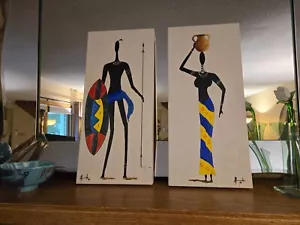 African Paintings Original Artwork Signed Dated 21.75 x 10 Inches FREE SHIPPING - Picture 1 of 17