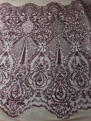 DUSTY ROSE PRINCESS DESIGN EMBROIDER SEQUINS ON A 4 WAY STRETCH POWER MESH-1YARD - Image 1 of 4