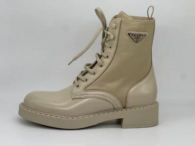 Botas PRADA Nylon Cuero Cepillado Con Cordones Combate Senderismo Triángulo Plano Logo $1490 Foto 1 de 4