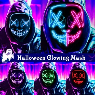LED Purge Mask Scary Spooky Halloween Fancy Costume 3 Light Modes Party Prop UK - Image 1 of 4