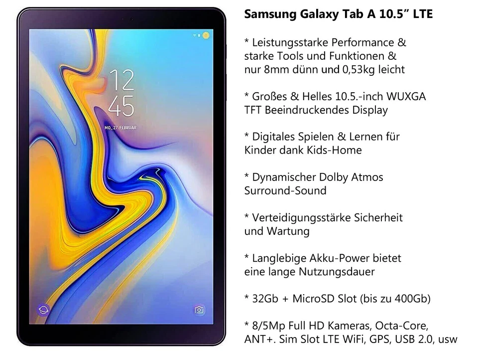 SAMSUNG Galaxy Tab A 10,5"  SM-T595 LTE 32GB GPS SEHR GUTER Tablet inkl. MwSt - Bild 1 von 1