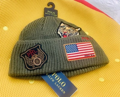 Polo Ralph Lauren Tiger Patch Naval Tailors Knit Beanie Torque Hat Olive - Image 1 of 3
