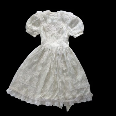 Vintage Gunne Sax Jessica McClintock Girls Dress 10 White Lace Sash Puff Sleeves - Image 1 of 4