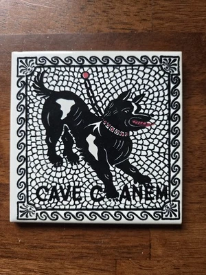 Vintage Höhle Canem Vorsicht Hund schwarz weiß Keramik Wandfliese 4"x 4" - Bild 1 von 4