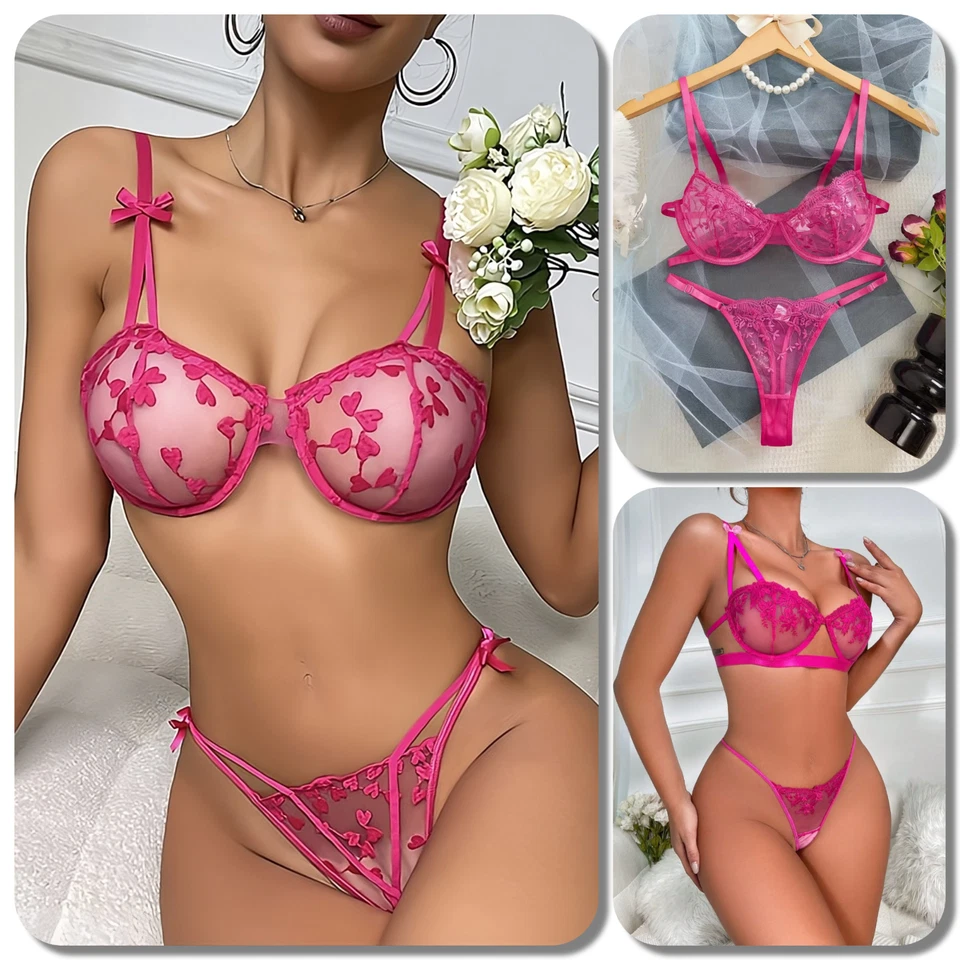 Bügel BH Set Bestickt transparent Soft Cup Damen Dessous String Unterwäsche Pink - Bild 1 von 1