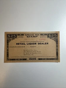 Special Tax Stamp - Retail Liquor Dealer - FYE 1929 - US Revenue - Picture 1 of 2