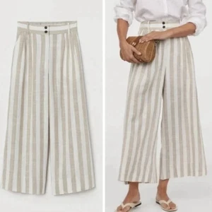 H & M Linen Blend Wide Leg Elastic Waist Trousers Light Cream Sz 10 Comfortable - Picture 1 of 9