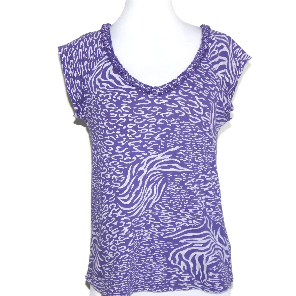 FRESH PRODUCE Purple Zebra Animal Print Ruffle Collar Cap SleeveTop Small /7176 - Image 1 of 4