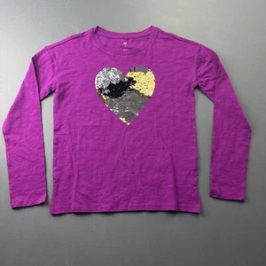 GAP Kids Girls Shirt XL Purple Flip Sequin Heart Graphic Long Sleeve Casual - Picture 1 of 9