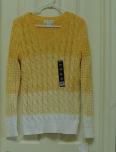 LIZ CLAIBORNE Womens Cable Knit Pullover V Neck Yellow Ombre Medium NEW - Picture 1 of 6