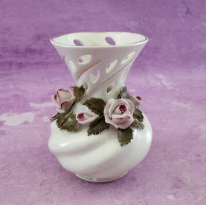 Poland Brody Parc SK Openwork Vase White Pink Roses Gold Trim Polish VTG 5.75in - Picture 1 of 11