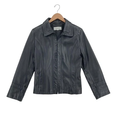 Calvin Klein Jacket Women Medium Black 100% Leather Collared Full Zipper Pockets - Image 1 of 4